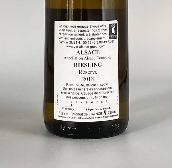 Riesling Réserve 2018 6 contre etiquette riesling reserve 2018 vin alsace domaine gueth gueberschwihr