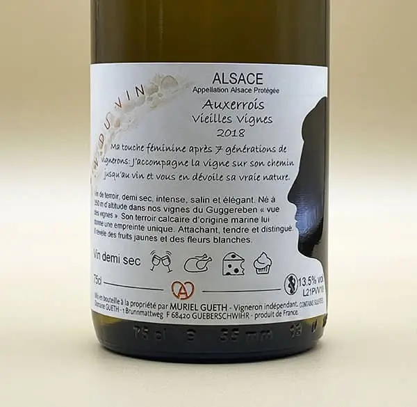Etikett Pinot Blanc Auxerrois Alte Reben 2018 Elsass Wein Domaine Gueth Gueberschwihr Führer Hachette