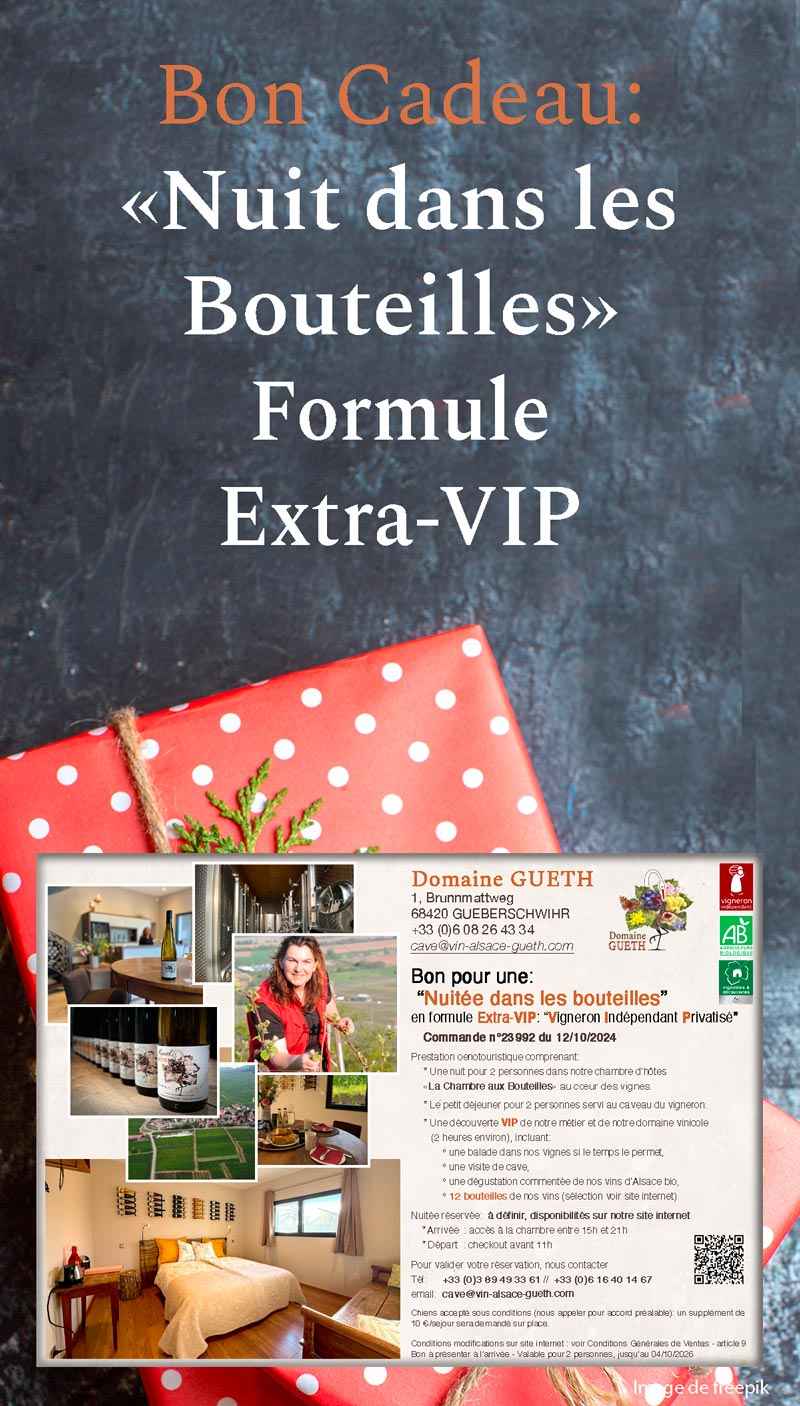 Bon cadeau : une « Nuit dans les Bouteilles » pour 2 personnes en formule Extra-VIP 1 Bon cadeau : une « Nuit dans les Bouteilles » pour 2 personnes en formule Extra-VIP