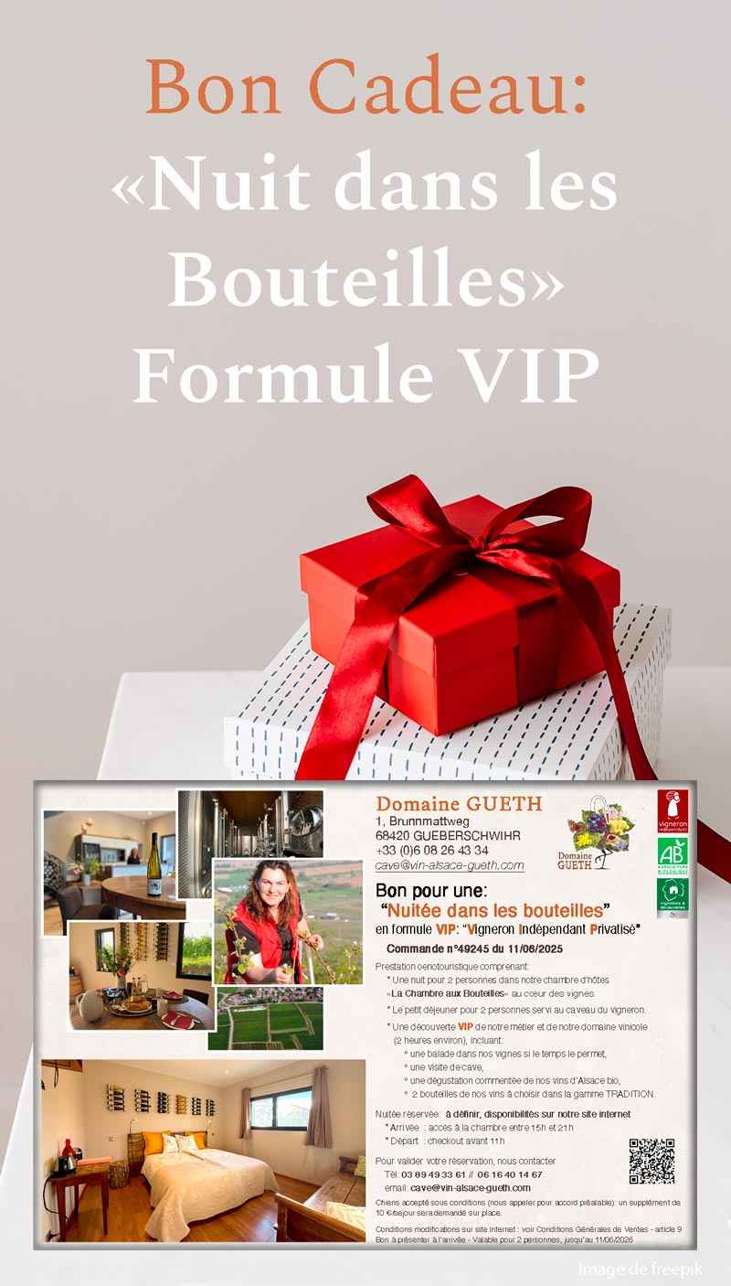 Bon cadeau : une « Nuit dans les Bouteilles » pour 2 personnes en formule VIP 1 Bon cadeau : une « Nuit dans les Bouteilles » pour 2 personnes en formule VIP